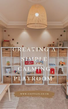 a child's playroom with white shelves and wicker baskets