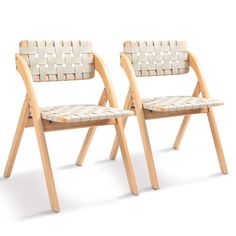 two chairs made out of wood and woven fabric, one with a seat cushion on the back