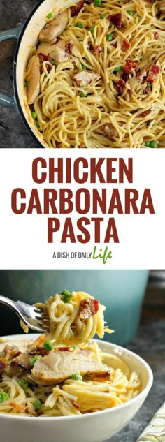 chicken carbonara pasta in a skillet with the title text above it and an image of