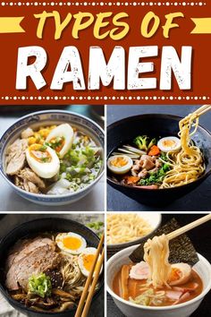 different types of ramen in bowls with chopsticks