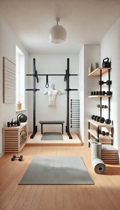 a white room with wooden floors and shelves filled with yoga mats, dumbbells, and exercise equipment