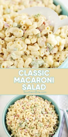 macaroni salad in a blue bowl with the title above it and an image of two