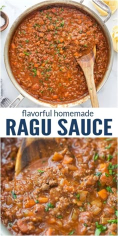 the recipe for homemade ragu sauce is shown in two different pictures, one with meat and another with vegetables