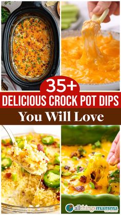 Collage of cheesy crock pot dips including jalapeño popper dip, buffalo chicken dip, and loaded baked potato dip, ideal for entertaining or casual gatherings.