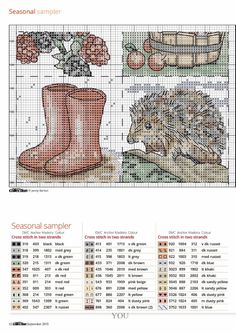 the cross stitch pattern shows an image of a hedgehog and boots with flowers in them