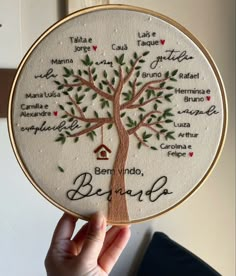 a hand holding up a embroidered tree with words on it and a birdhouse in the center