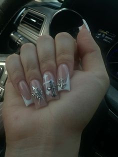 emo grunge white nail inspo Nail Inspo Chrome Hearts, Chrome Of Hearts Nails, White Emo Nails, Junior H Nails Ideas, Chrome Hearts Inspired Nails, Chrome Hearts Nails Designs, Chrome Heart Aesthetic, Junior H Nails, Chrome Heart Nails Designs