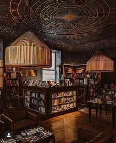 a room filled with lots of books and lamps