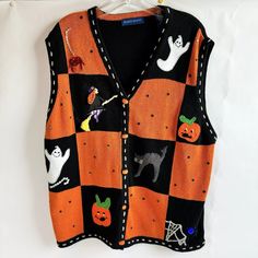 Vintage Karen Scott Halloween Pumpkin Button Sweater Vest Large | eBay Vintage Halloween Sweater, Grandma Sweaters, Thrift Manifestation, Halloween Vest, Wishlist Board, Halloween Cardigan, Halloween Fits, Teacher Fits, Crochet Sweater Vest