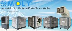 three industrial air coolers and portable air cooler in front of an ocean with the words moly above them