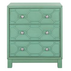 a green dresser with metal handles and drawers