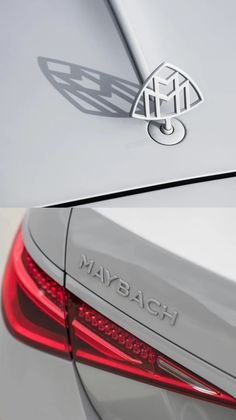 the tail lights and emblem on a car are shown in two different pictures, one is white