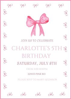 a pink bow birthday party card