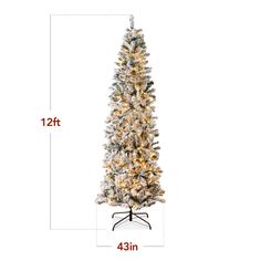 a white christmas tree with lights and snow on the top, measurements for each tree