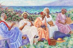 an oil painting of three women sitting on the grass by the ocean with flowers in their hair