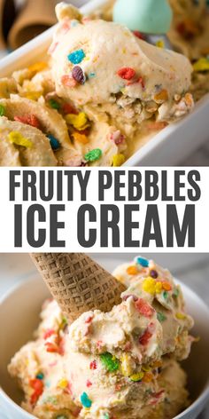 scoop of Fruity Pebbles ice cream in white container, white bowl with Fruity Pebble ice cream with sugar cone on top Homemade Fruity Pebbles, Milk Ice Cream Recipe, Milk Ice Cream, Ice Cream Social, No Churn Ice Cream, Soft Serve Ice Cream