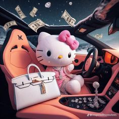 a hello kitty doll sitting in the drivers seat of a car with money flying around