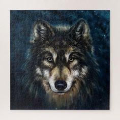 a painting of a wolf's face with stars in the background