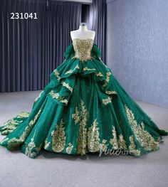 Sparkly Green Ball Gowns Gold Lace Appliqued Wedding Dresses with Slee – Viniodress Emerald Green Wedding Dress, Gowns Gold, Green Quinceanera Dresses, Green Evening Dress