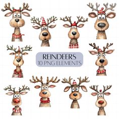 reindeers with christmas hats and scarfs on their heads, set of 10 digital clip art