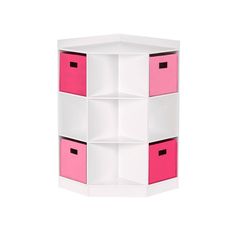 a white and pink shelf with four bins on each side, against a white background