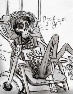 a drawing of a skeleton sitting in a chair