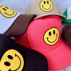 NOT A PATCH- HEAT TRANSFER VINYL Trucker Hat Your Selected Color Text Smiley w/ Black Outer Circle Unless On Black Hat Because It Will Not Show Up Heat Transferred Vinyl Design Poly Foam w/ Mesh Back Plastic Adjustable Snap Strap Fun Curved Brim Baseball Cap For Streetwear, Fun Flat Brim Baseball Cap One Size Fits Most, Adjustable Curved Brim Fun Dad Hat, Novelty Baseball Cap One Size Fits Most, Fun Baseball Cap One Size Fits Most, Fun Flat Brim Baseball Cap One Size, Fun Adjustable Dad Hat, Fun Curved Brim Hat One Size, Fun Summer Snapback Dad Hat