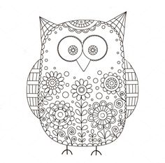 an owl coloring page with flowers and leaves