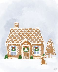 a drawing of a gingerbread house with wreaths on the windows