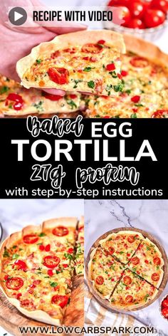 an egg tortilla with tomatoes and spinach is shown in this recipe video