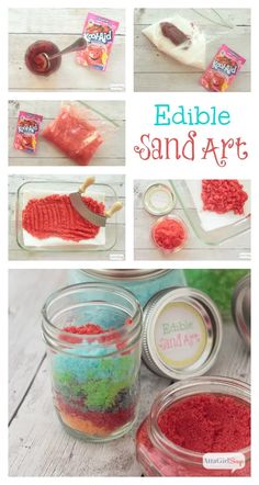 the instructions for making edible sand art are shown in jars and on top of each other