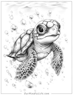 a black and white drawing of a sea turtle swimming in the ocean with bubbles around it