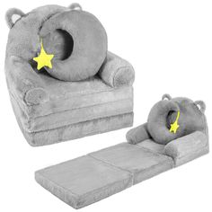 a stuffed animal chair with a yellow star on it's back and the seat cushion