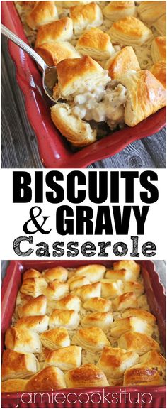 biscuits and gravy casserole in a red baking dish with text overlay