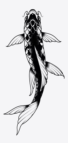 a black and white drawing of a koi fish