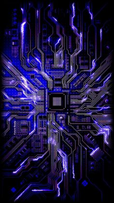 an abstract computer background with blue and purple lights on the top, and black bottom