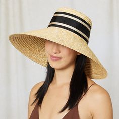 Natural straw UPF 50+ protection wide-brim sunhat with black/beige striped ribbon band and tails. 6.75" X 4" X 6.25" SKU: 21015-04324 Striped Ribbon, Fall Shopping, Western Chic, Eugenia Kim, Circular Economy, Beret Hat, Organic Materials, Clean Ingredients, Flats Top