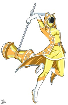 a drawing of a woman dressed in yellow and holding a pole with her hands behind her back