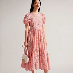 Brand New With Tags! Fits Like A Small. Loved This Dress But The Wedding I Bought It For Ended Up Being Too Hot To Wear This. It Is Adorable!!! Puff Sleeve Midi Dress, Pure Romance, Ted Baker London, Sleeve Midi Dress, Puffed Sleeves, Floral Embroidery, Pink Red, Pink Dress, Ted Baker