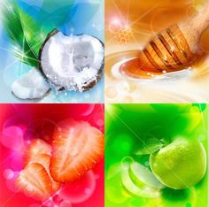 four different pictures with fruit and honey on them