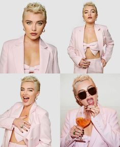 lady in pink suit and sunglasses making funny faces