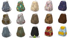 a bunch of backpacks that are all different colors and sizes, with the same pattern on them