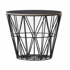 an iron wire basket with wood top and black glass inserts on the bottom, viewed from the side