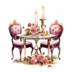 a watercolor painting of a table and chairs with roses on it, surrounded by candles