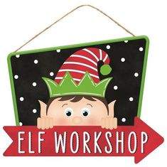 12.5 Elf Workshop Arrow Sign: Black/Red/Lime/White - AP7011 - The Wreath Shop Elf Workshop, Workshop Sign, Christmas Wired Ribbon, Wreath Making Supplies, Arrow Signs, Elf Christmas, Christmas Sign, Modern Christmas, Winter Wreath