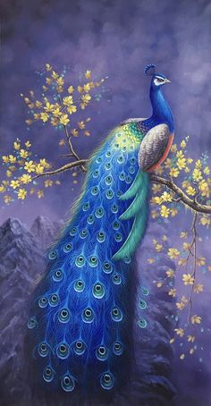 a painting of a peacock perched on a tree branch with yellow flowers in the background