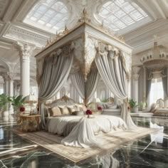 an elaborately decorated bedroom in white and gold