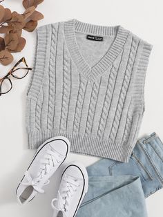 Light Grey Casual   Acrylic Plain  Embellished High Stretch Spring/Fall Women Knitwear Green Long Sleeve White Vest, Waffle Knit Sweater Vest, Cable Knit Sweater Vest, Cropped Cable Knit Sweater, Knit Vest Pattern, 사진 촬영 포즈, Knit Sweater Vest, Solid Sweaters, Sweater Vest Women