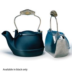 two tea kettles one is blue and the other is silver with a handle on each side