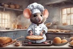 a mouse in a chef's hat is holding a pan with cookies on it